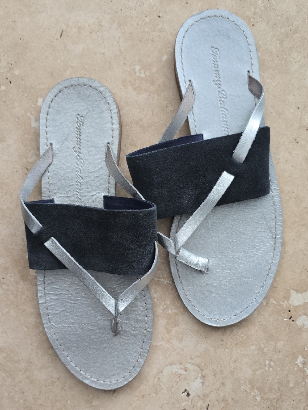 Tommy Bahama Silver Footbed with Black Suede Crossover Sandals